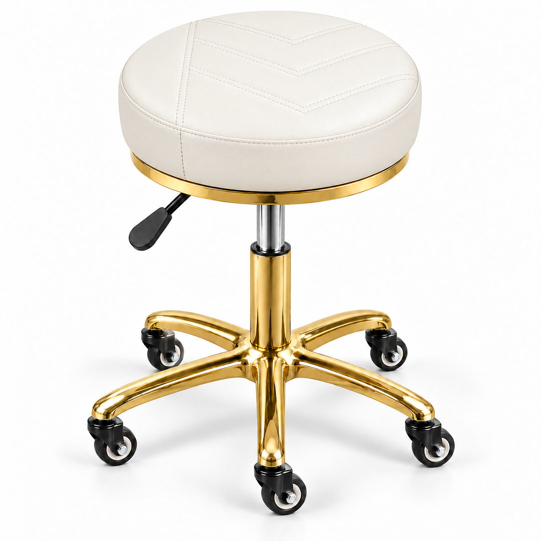 Scaun cosmetica DIVA Gold alb rotativ reglabil cu baza aurie si roti